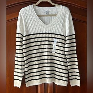 Croft & Barrow Womens V Neck Shirt XXL Cream Black Stripe